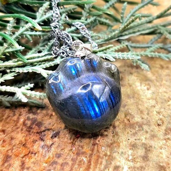 Nature Labradorite Carved Flashy Cute Animal Paw Pendant Necklace - Picture 2 of 10